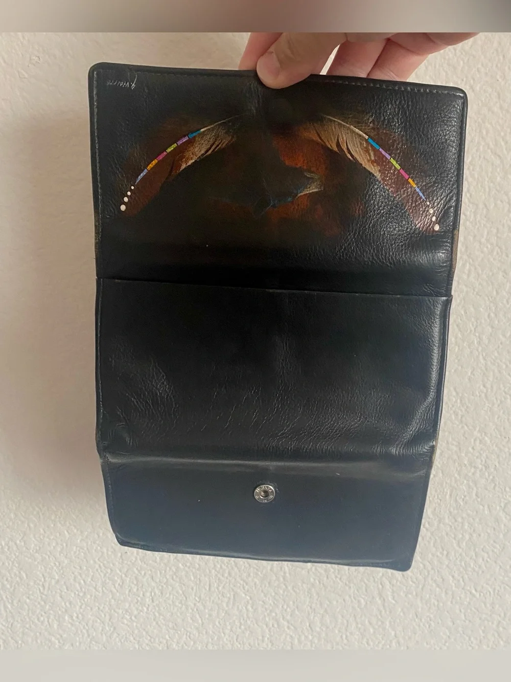 Black Leather Wallet with Feather & Bear Artwork